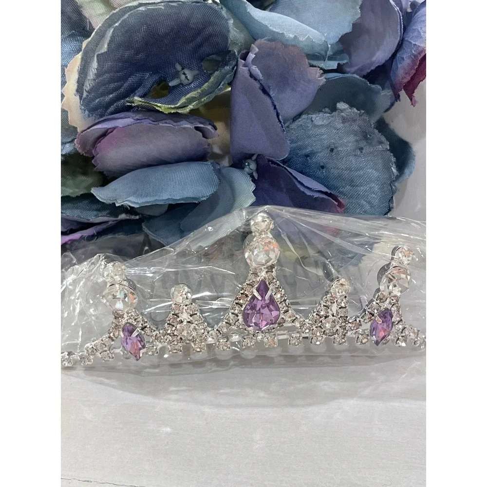 Purple Rhinestone Tiara Comb Butterfly‎ Necklace Hair Clips princess